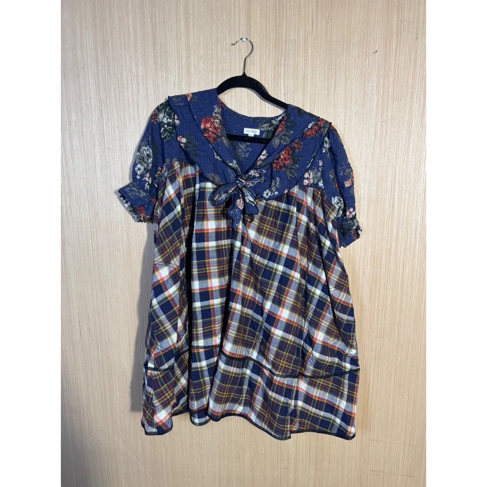 Pilcro Anthropologie Floral Plaid Mixed Media Sailor Collar Tunic Dress Small